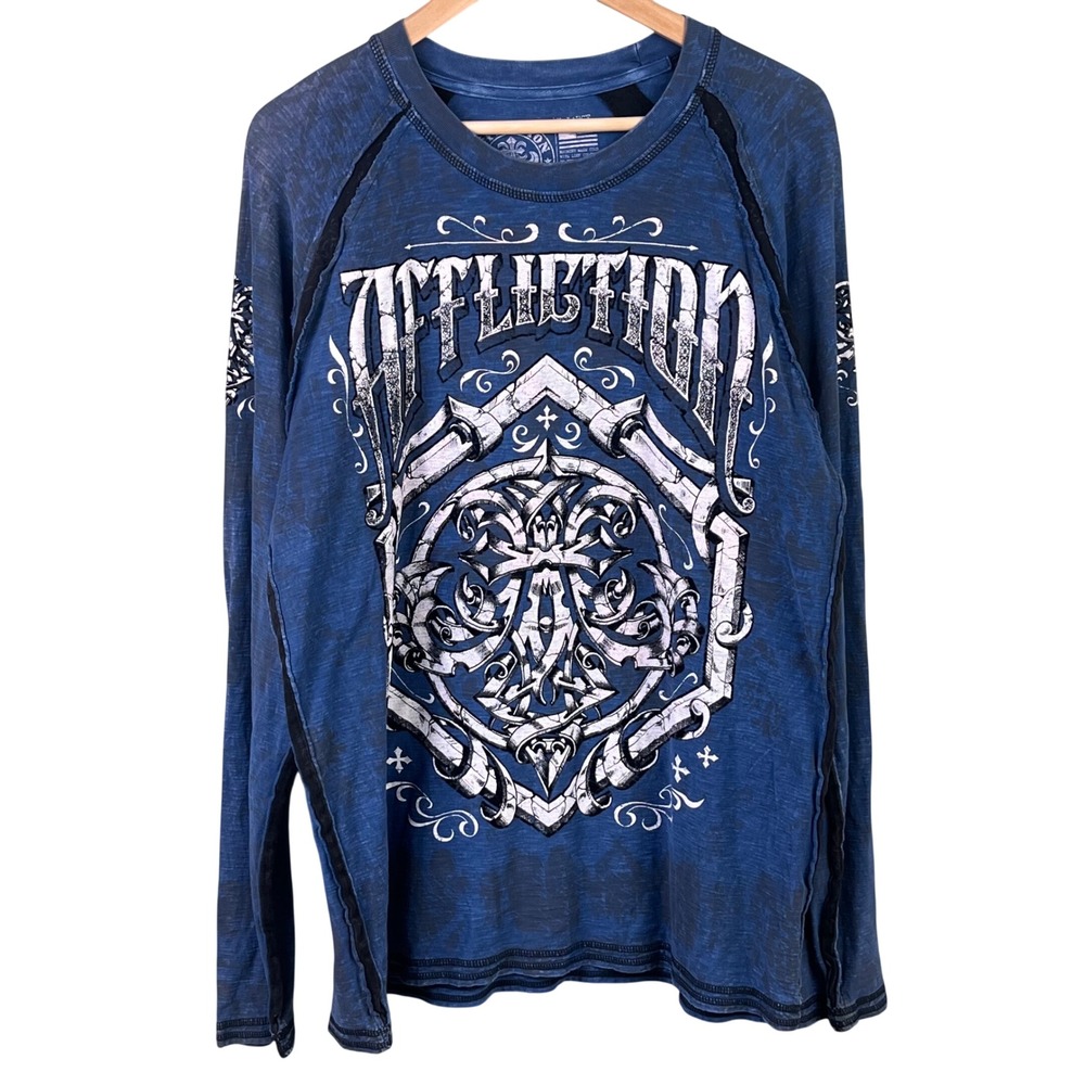 Y2K Affliction Live Fast Saint Vitas Blue‎ Screen Graphic Distressed T Shirt XL